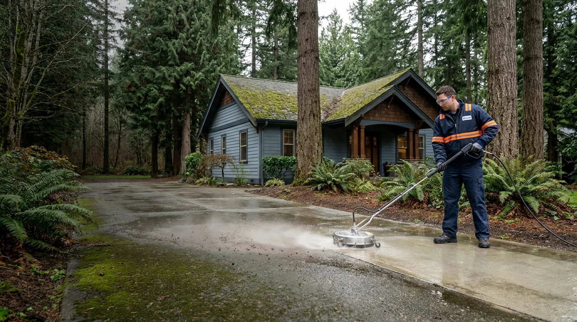 Exterior cleaning technician pressure washing a Portland-area driveway