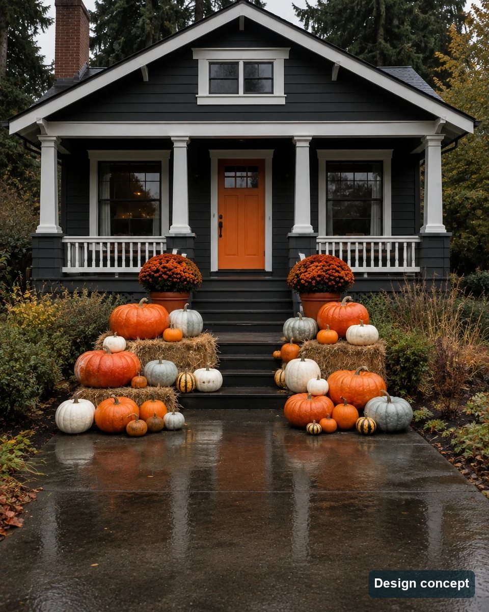 Design concept: heirloom pumpkins on straw bales flanking the steps of a charcoal Portland bungalow with an orange door
